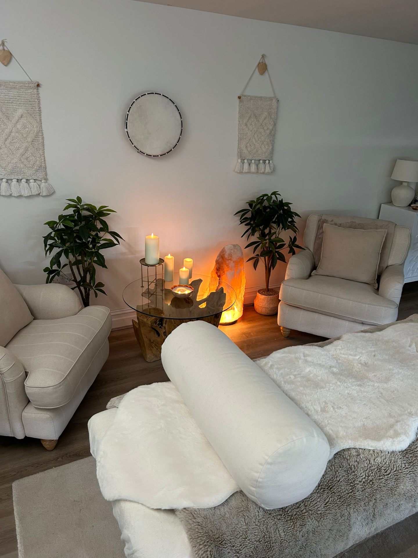 Cream linen armchairs